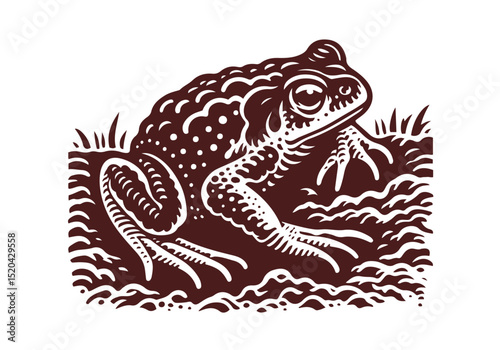Toad Hand Drawn Natural Illustration Stylized as Linocut Vector Isolated by AZ for Books, Arts, Design and Decoration Graphic Asset