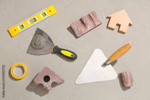 Trowel with cement, brick a...
