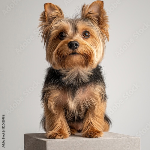 Adorable Groomed Yorkshire Terrier. Studio Portrait of a Cute, Well-Behaved Pet with Fluffy Soft Fur on White Background