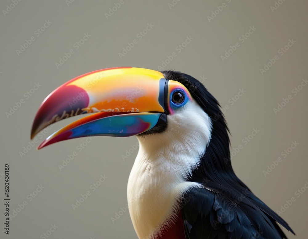 Obraz premium A vibrant toucan with a large, colorful beak is shown in close-up against a plain background.