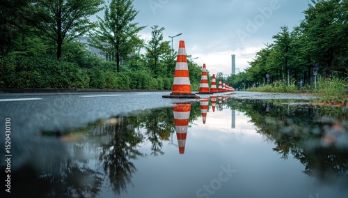 Rain-slicked road with orange and white traffic cones reflecting in a puddle, flanked by lush greenery under a cloudy sky