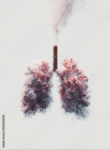 A lit cigar punctures stylized lungs, releasing a plume of pink and gray smoke against a white backdrop, illustrating the harmful effects of smoking
