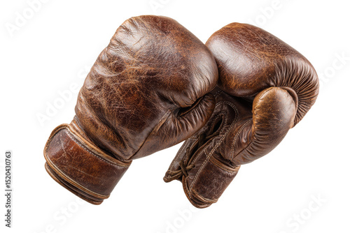 Two old leather boxing gloves are shown in a close up