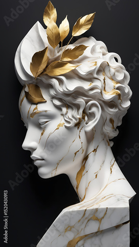 Contemporary minimal sculpture made of white marble and gold leaf, set against a black background with dramatic lighting


