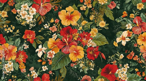 Seamless vibrant tropical pattern with bird of paradise, orchids, hibiscus, and ginger flowers on dark green background featuring bold reds, oranges, yellows, and pinks photo