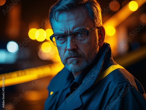 Middle-Aged Detective Analyzes Crime Scene at Night. Intense Urban Investigation with Mysterious Focus