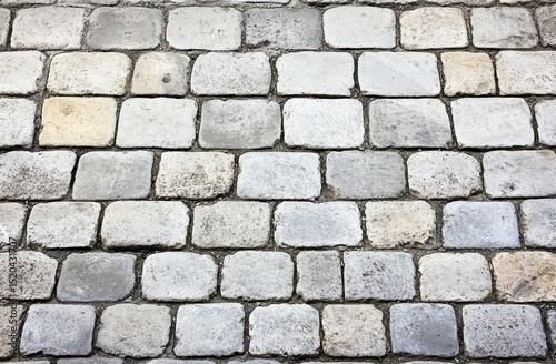 A high-angle close-up shot of a cobblestone pavement, showing rectangular stones in various shades of gray and beige, set in mortar