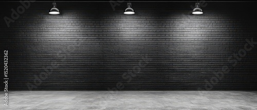 Dark room with three hanging lights illuminating a brick wall and concrete floor