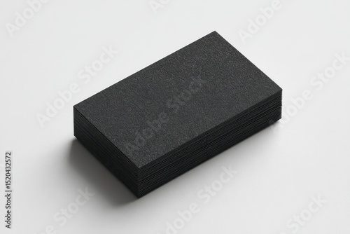 A neatly stacked deck of blank, dark gray rectangular business cards sits on a light gray surface, subtly shadowed