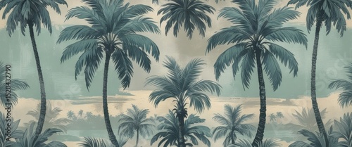 serene row of palm trees on tropical beach at sunset