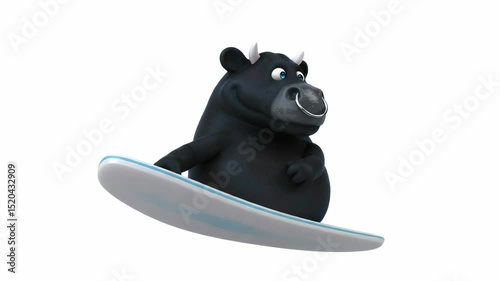 Animated black bull surfing with a white and blue surfboard