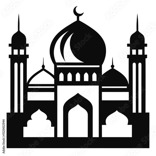 Black and white silhouette of a mosque with crescent moon islamic architecture symbol