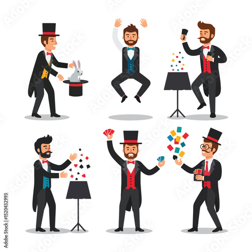 Cartoon Magicians Performing Magic Tricks with Cards, Hats, and Levitation