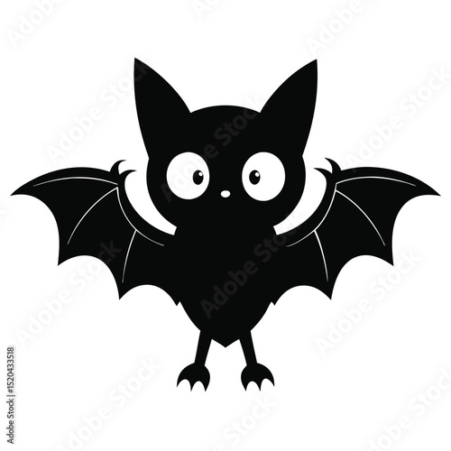 Cute cartoon halloween bat silhouette with big eyes and extended wings on white background