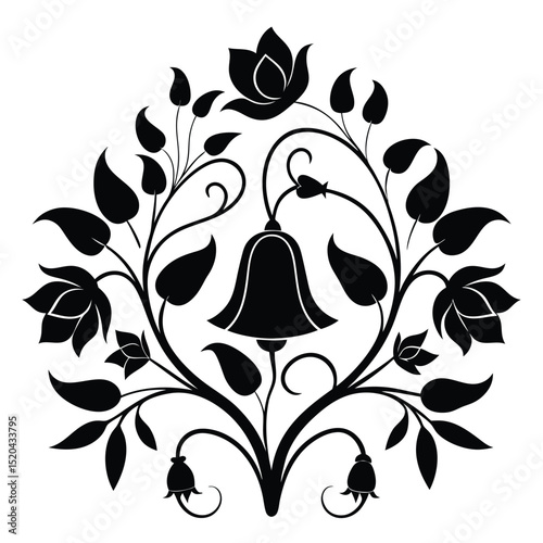 Elegant black and white floral bell shape design with leafy ornamentation isolated