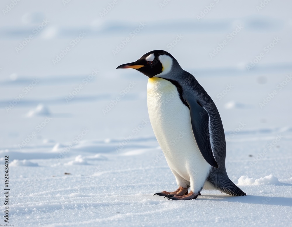 Naklejka premium A solitary emperor penguin stands on snowy ice under clear daylight in a cold, polar environment.