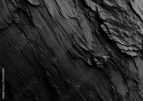Close-up of dark, textured, layered rock surface with diagonal striations and shadows, exhibiting a smooth, yet rough, appearance