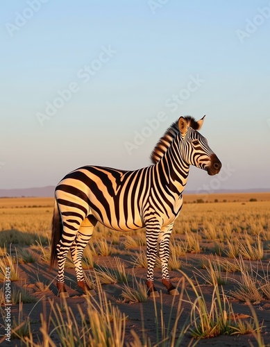 A zebra stands in a grassy savannah at sunset, surrounded by golden light and open landscape.
