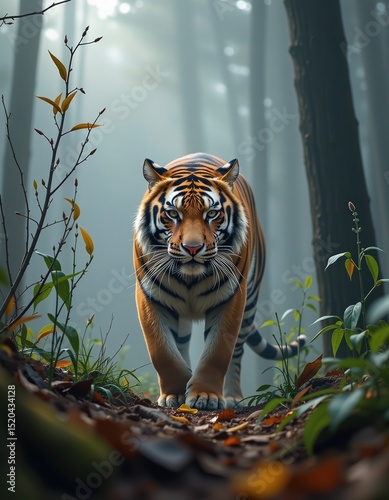 A majestic tiger walks through a misty forest, surrounded by lush plants and tall trees in a serene, natural setting.