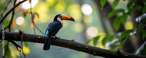 A colorful toucan perched on a tree branch in a lush, sunlit forest.