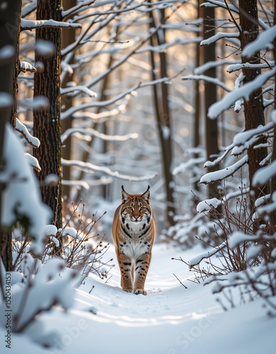 A lynx walks through a snowy forest path, surrounded by trees covered in fresh snow and soft winter light.