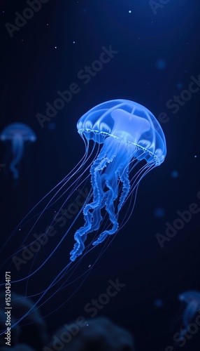 A glowing blue jellyfish drifts gracefully through the dark ocean water, with long tentacles trailing behind.