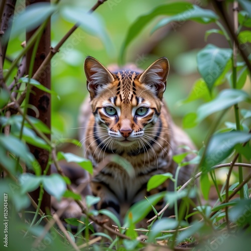 A wild cat with striking markings peers through dense green foliage in a jungle setting, alert and focused.