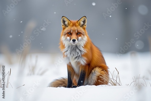 A red fox sits calmly in snowy surroundings, snowflakes gently falling, creating a serene winter wildlife scene.