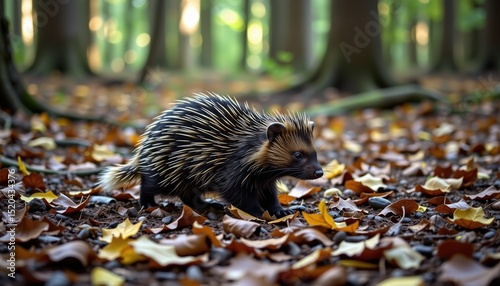 A porcupine walks on a leaf-covered forest floor, surrounded by trees with sunlight filtering through the foliage.