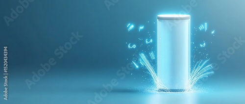 Futuristic smart speaker emitting digital data streams on a blue background.
