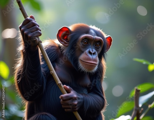 A young chimpanzee clings to a branch in a lush, sunlit forest, gazing curiously at its surroundings.