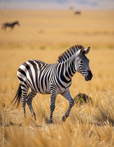 A zebra walks through golden grasslands with other zebras in the distant background under a clear sky.