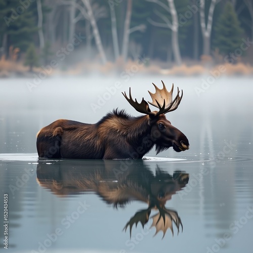 A moose stands in a calm, reflective lake surrounded by mist and a forest background.