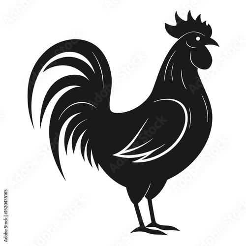 Silhouette illustration of a detailed rooster representing farm animals and decorative design