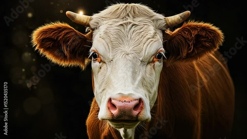 Brown & white cow stares intently with small horns on a dark backdrop