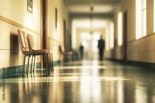 Long, light-filled hallway with wooden chairs and a blurred figure walking towards the vanishing point.  Warm, muted tones dominate the scene