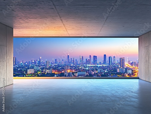 Panoramic city skyline view from a modern concrete building interior at dusk.
