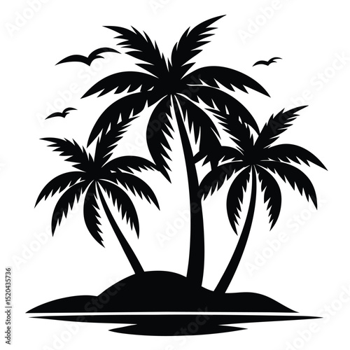 Silhouette of tropical palm trees with birds and reflections on white background