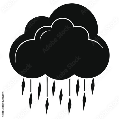 Simple black and white illustration of a rain cloud with falling raindrops for design elements