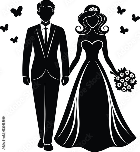 Elegant black silhouette of bride and groom with butterflies