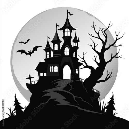 Spooky halloween night scene featuring a haunted house bats and a full moon illustration