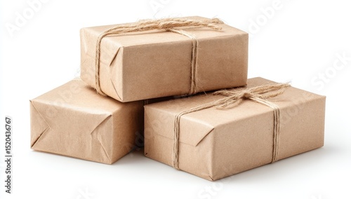 Three simply wrapped brown paper packages tied with twine, stacked, isolated on white