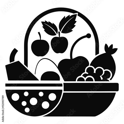 Black and white illustration of a basket overflowing with fresh and delicious fruits