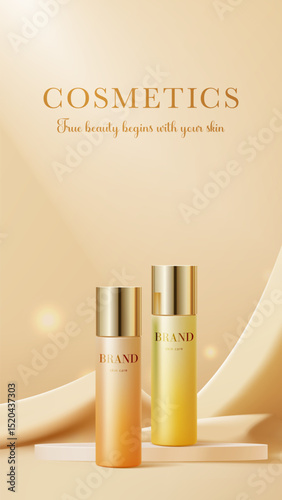 Vertical template for cosmetic advertisements and golden bottle packaging design