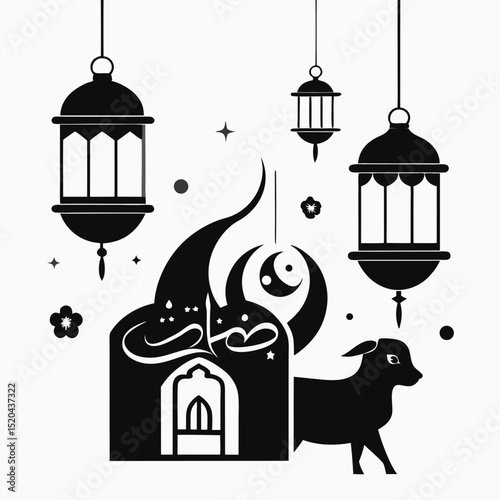Black and white islamic eid holiday design with lanterns mosque lamb moon and floral elements