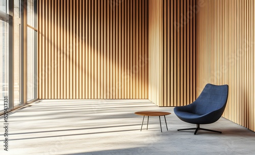 Empty corner room with wooden paneling and a modern chair.