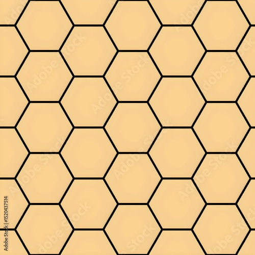 Geometric hexagon pattern of black outlines on light brown background, resembling a honeycomb design for abstract or natural themes.