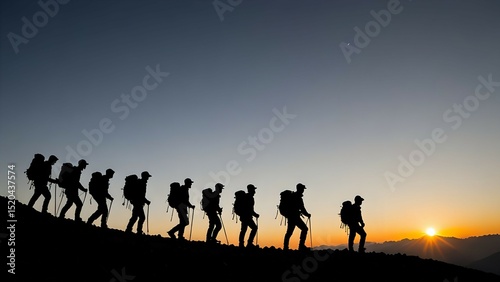 Team of mountaineers trekking uphill in single file, silhouetted against a pastel-colored sky.