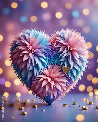 A 3D fluffy heart in pastel purple, pink, and blue tones, adorned with golden elements and set against a vibrant bokeh background.
