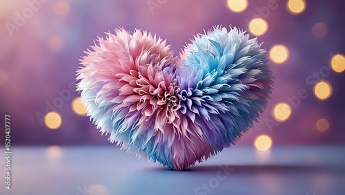 A 3D fluffy heart in pastel purple, pink, and blue tones, adorned with golden elements and set against a vibrant bokeh background.